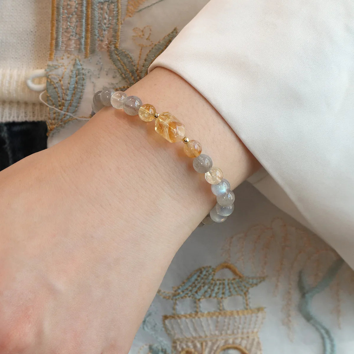 6MM Gray Moonstone Bracelet with Citrine&Strawberry Quartz, Freshwater Pearl Beaded Elastic Jewelry, Boho Healing Gift for Women