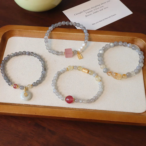 6MM Gray Moonstone Bracelet with Citrine&Strawberry Quartz, Freshwater Pearl Beaded Elastic Jewelry, Boho Healing Gift for Women